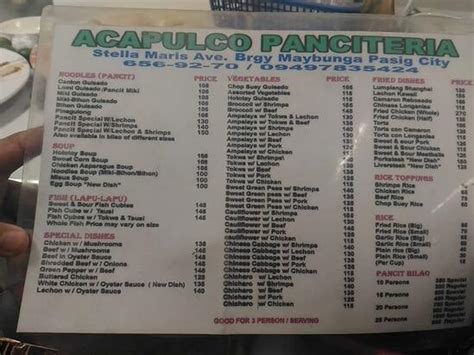 Acapulco Panciteria menu price 2022.